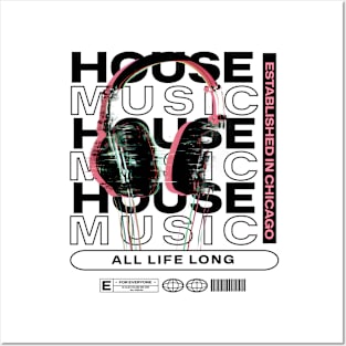 HOUSE MUSIC  - Grainy Headphone Text Overlap (Black) Posters and Art